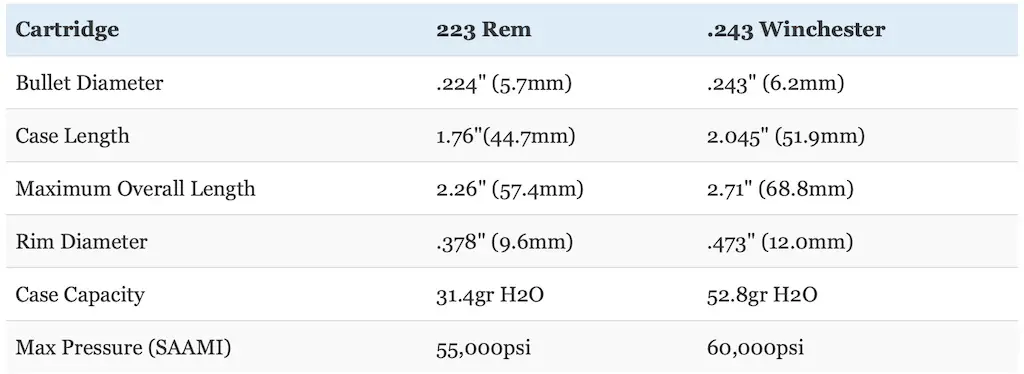 picture of 243 vs 223 cartridge size